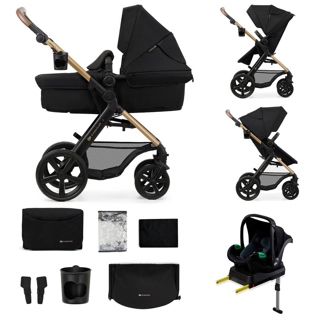 A collage of images showing a black Kinderkraft MOOV 2 4-in-1 stroller and its accessories, including a bassinet, a stroller seat, and a car seat.