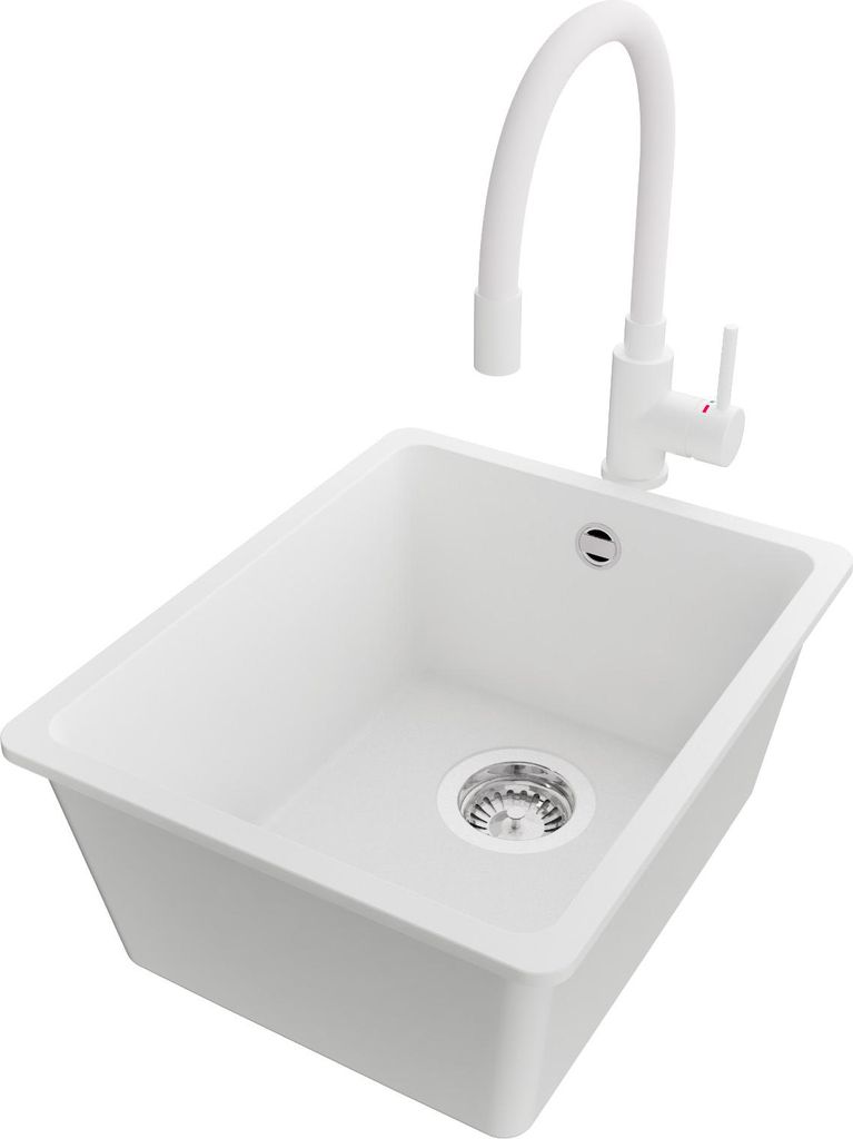 PRIMAGRAN Unterbauspüle Granit Weiß 36x44cm, Spülbecken 1 Becken + Küchenarmatur 38x14cm + Ablauf-Set, Granitspüle ab 40er Unterschrank - Vene...