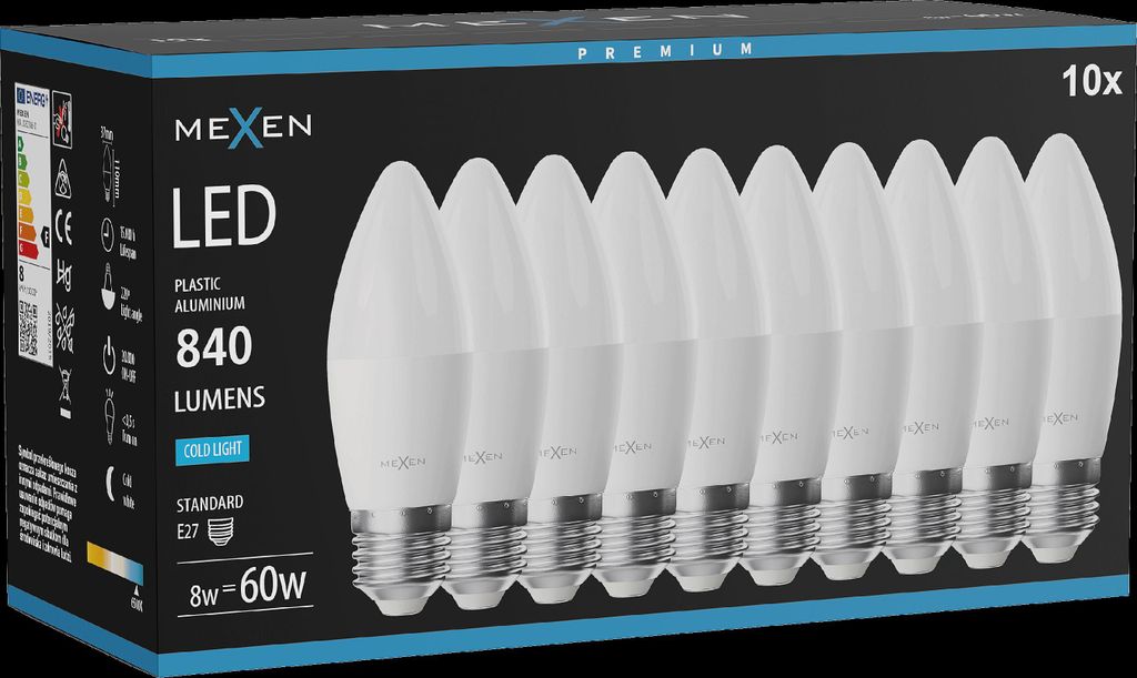 Mexen Nova 10x LED-Glühbirne E27, C37, 8W, Kalt - 6500K, 840 lm - L102-E27-0865-01x10