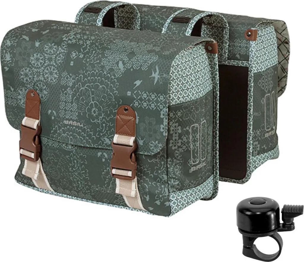 Basil Bohème Sacoche Double Vélo 35L Vert Forêt avec Sonnette Assortie