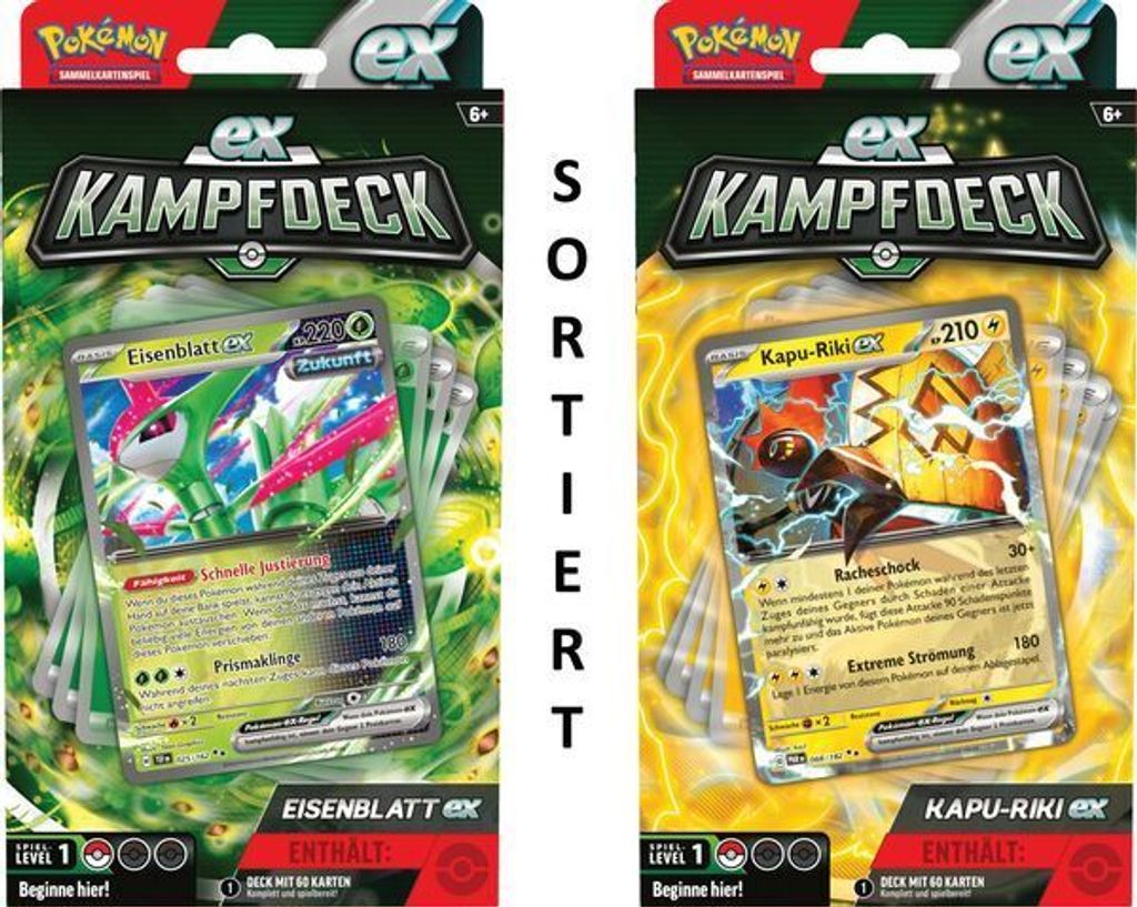 Two Pokémon EX Kampfdeck (Battle Deck) packages are shown side-by-side. The left package features an 'Eisenblatt EX' card and has a green background with swirling green energy. The right package features a 'Kapu-Riki EX' card and has a yellow background wi