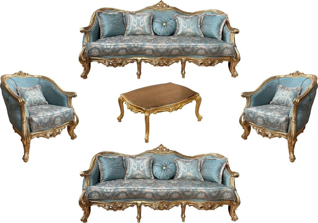 Casa Padrino Luxus Barock Wohnzimmer Set Türkis Muster / Gold - 2 Barock Sofas & 2 Barock Sessel & 1 Barock Couchtisch - Luxus Wohnzimmer Möbel i...