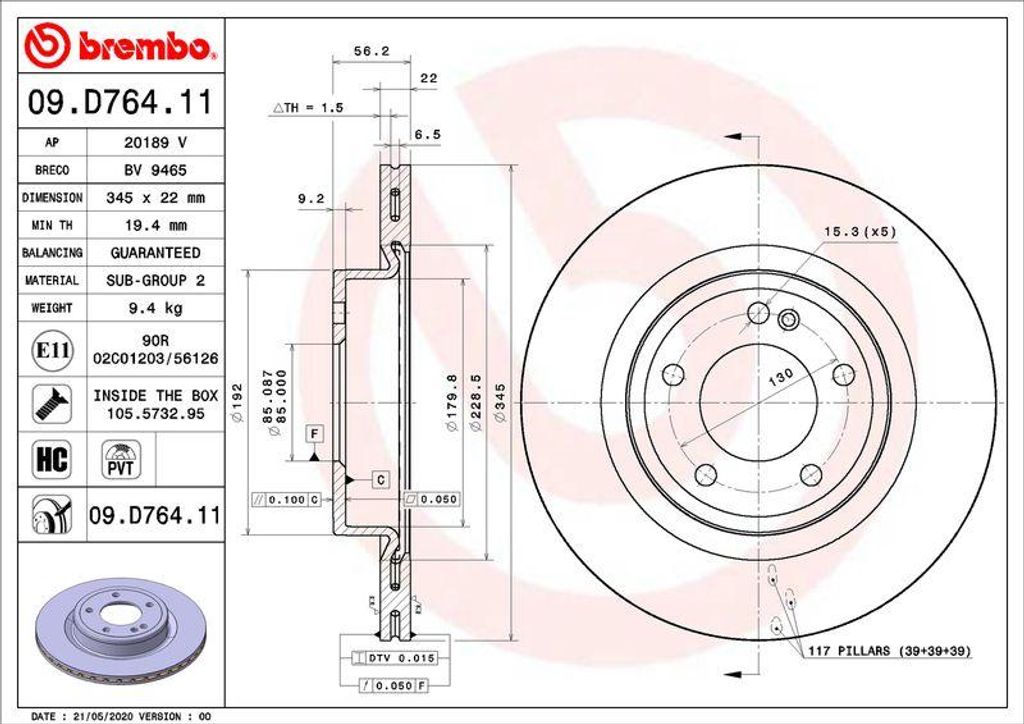 BREMBO 09.D764.11 Bremsscheibe OE 4634230100 kompatibel mit G-Klasse