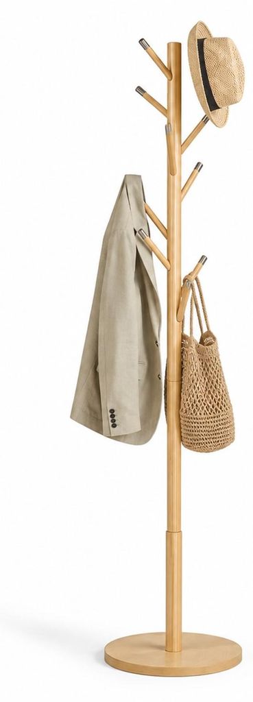 Garderobenständer Bambus inkl. 8 Haken mit Metallabdeckkappen –Holz Standgarderobe – Kleiderständer für Flur, Schlafzimmer & Büro – freis...