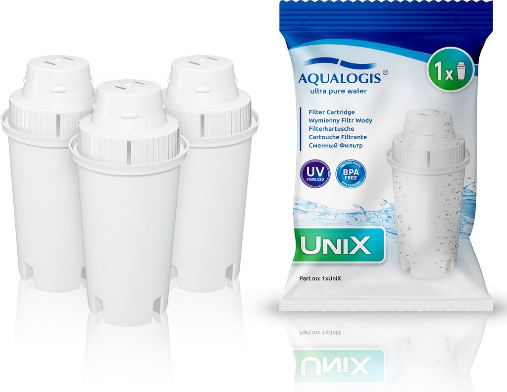 A product shot of water filter cartridges and their packaging.