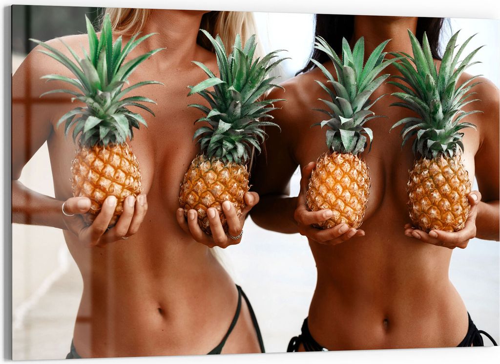DEQORI Glasbild Echtglas 90x60 cm 'Ananas bedeckte Brüste' Wandbild Bild modern Deko