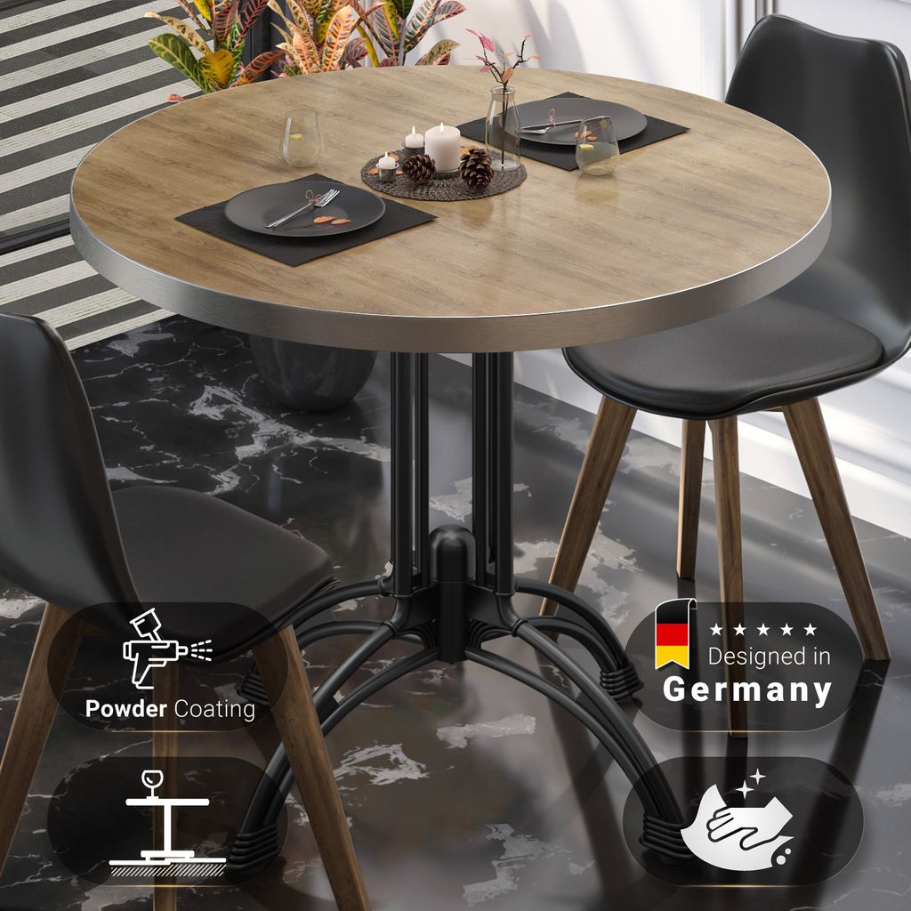 BMLG | Bistro Tisch | Ø 80 x 75 cm | Rund | Edelstahl Rand | Eiche / Schwarz | Bistrotisch Gastro Tisch