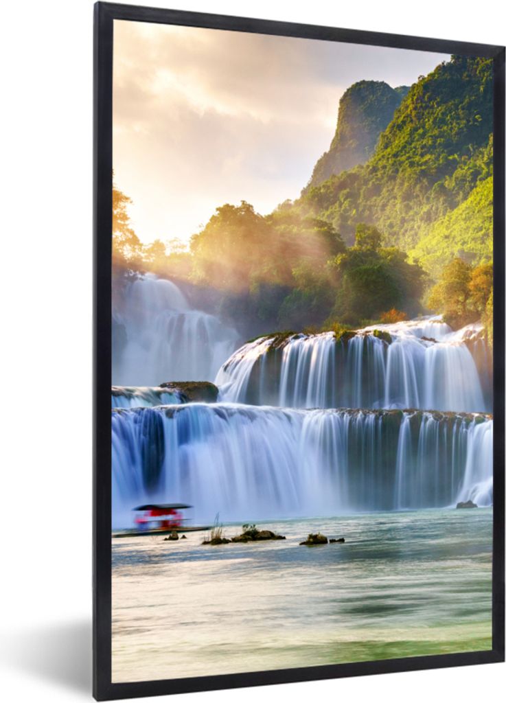 MuchoWow Gerahmtes Poster Wasserfall - Pflanzen - Sonne - Wasser - Natur 20x30 cm - Poster mit Schwarzem Bilderrahmen Wandposter Rahmen Foto Bild...