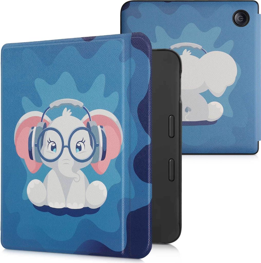 kwmobile Schutzhülle für Tolino Vision 6 Hülle - eReader Flip Case mit Auto Sleep Funktion - Süßer Elefant mit Hellblau Dunkelblau Grau