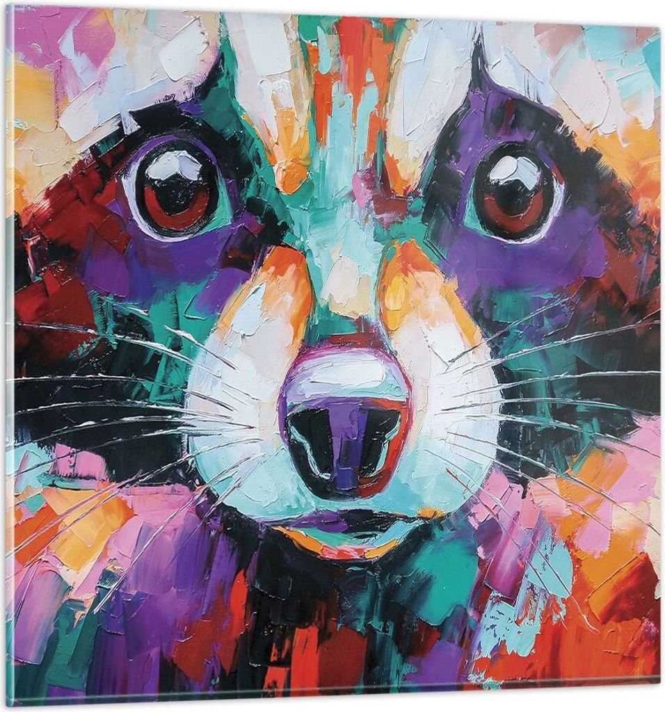Bilder auf glas - Einteilig - Waschbär Bunt Öl - 70x70cm - Glasbilder - Wandbilder - Bilder - zum Aufhängen bereit - Wanddekoration aus Glas - G...
