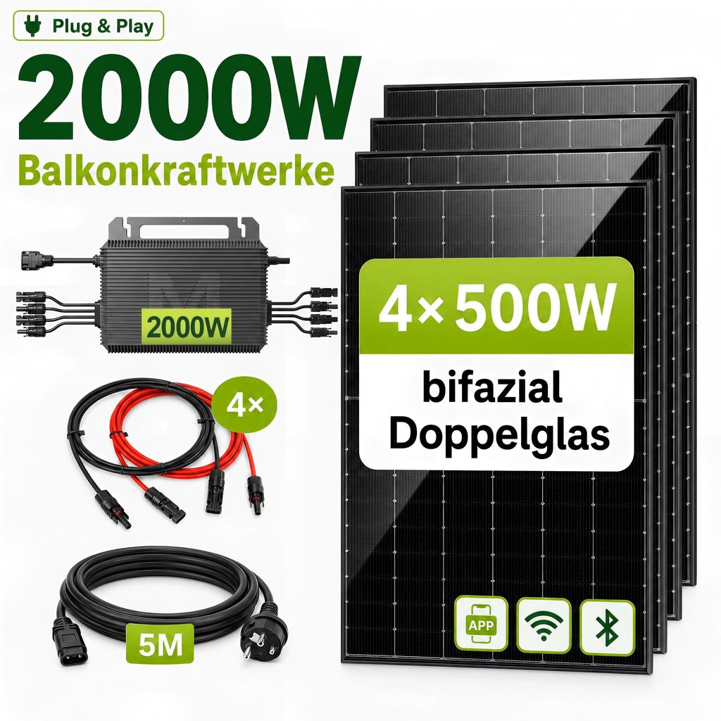 GreenSun Solar 2000W Balkonkraftwerk 4×500W Bifazial Full Produktbild 