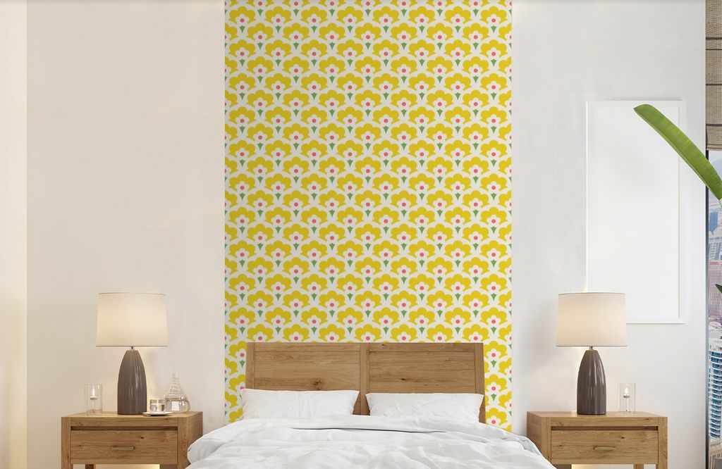 MuchoWow Fototapete für Wohnzimmer oder Schlafzimmer Wandtapete Vinyl Motivtapete Design - Retro - Siebziger Jahre - Gelb - 120x240 cm - Hinterg...