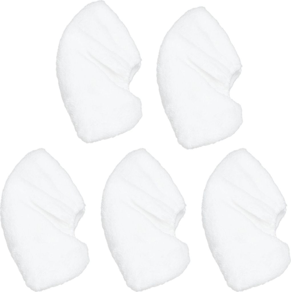 Five white microfiber steam mop pads arranged in a grid on a white background.