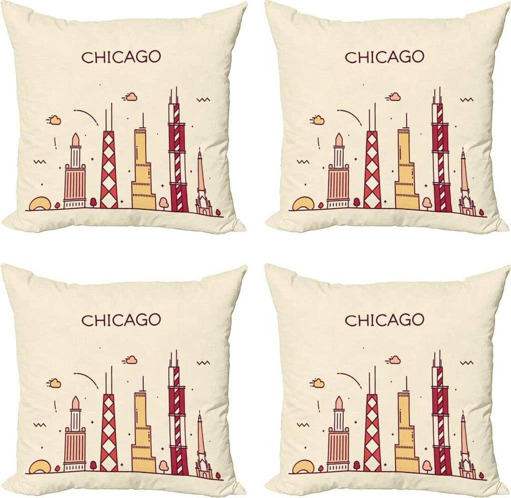 ABAKUHAUS Chicago Skyline Kissenbezug Set (4 Stück), Doodle Stadt, Moderner Doppelseitiger Digitaldruck, 45 cm x 45 cm, Mehrfarbig