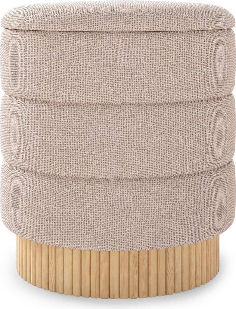 Runder Ottoman mit Stauraum, abnehmbarer Deckel, beigefarbenes Chenille