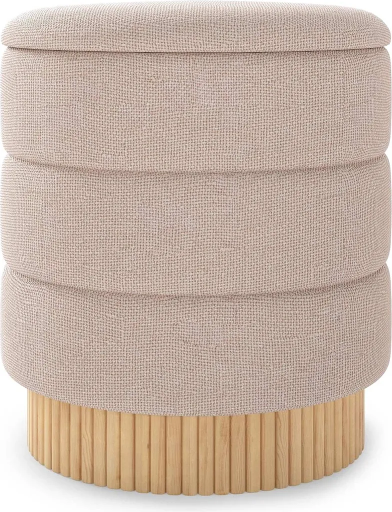 Pouf Coffre de Rangement Rond Beige - Assise d'Appoint en Chenille