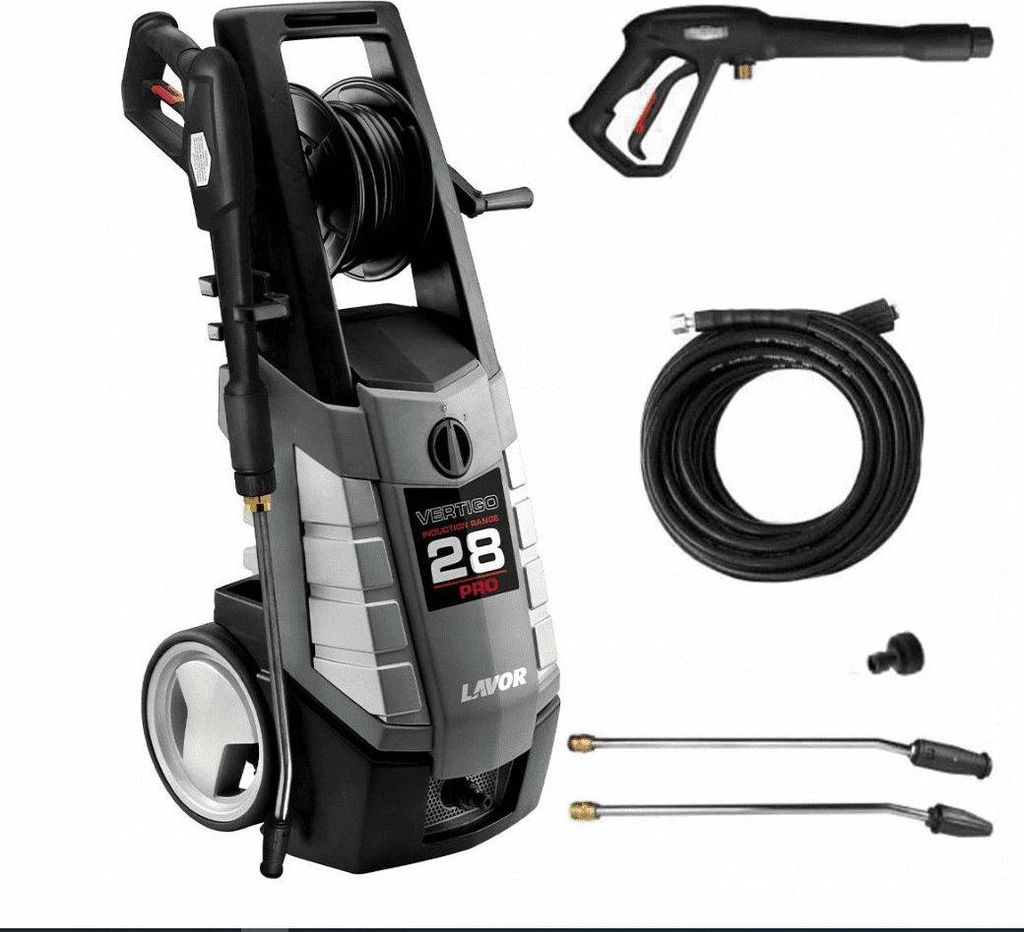A pressure washer and its accessories are displayed against a white background.