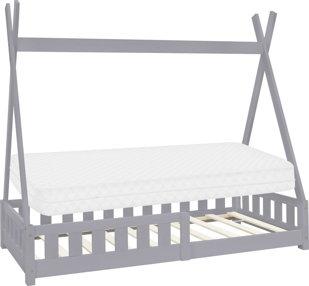 A light gray wooden tipi-style children's bed frame with a white mattress and wooden slats visible underneath.