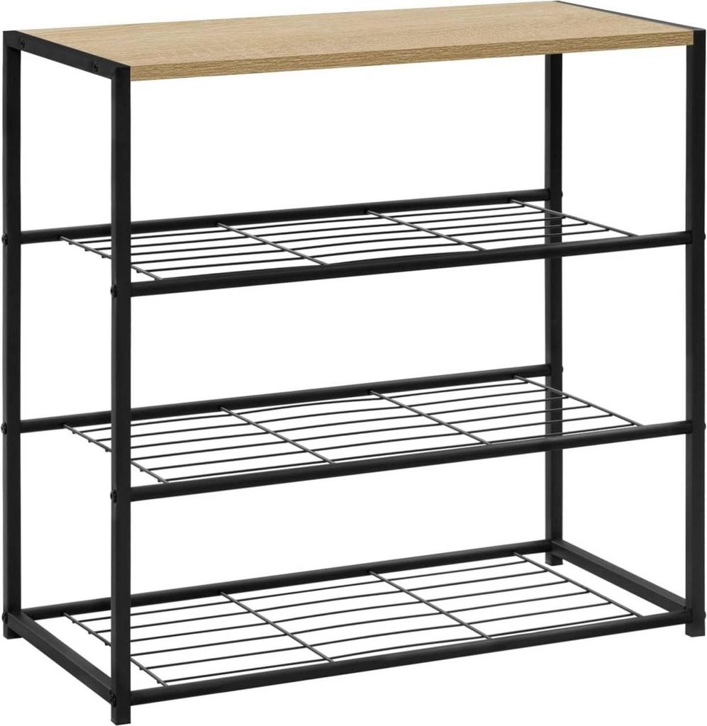 A 3-tier shoe rack with a wooden top and black metal frame.