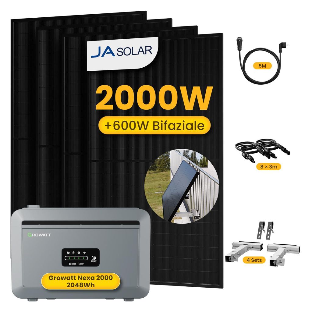 Powerness Balkonkraftwerk mit Speicher: Growatt NEXA 2000 Speicher und 4x JA Solar 500W Bifacial Glas-Glas Module & 4x Balkon-Halterung(Silber)