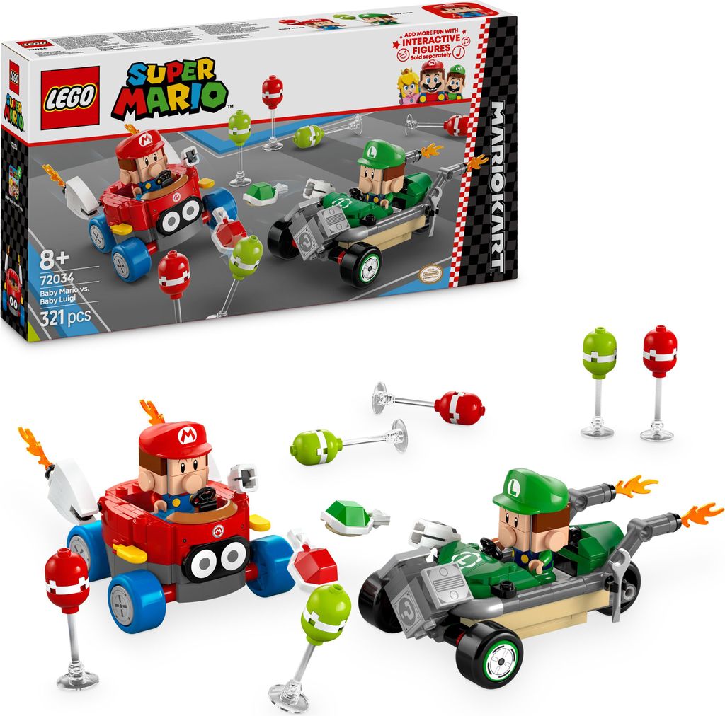 LEGO Super Mario: Mario Kart – Baby Mario vs. Baby Luigi, Nintendo Figuren zum Sammeln, 2 baubare Spielzeugflitzer, Geschenk für Jungen, Mädche...