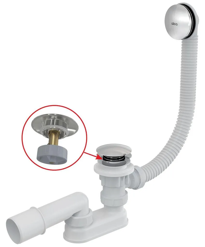 Siphon de baignoire avec système Click-Clack Alcadrain en métal 57cm