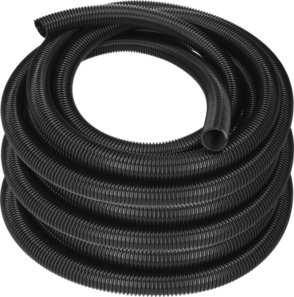 A coiled black flexible hose against a white background.