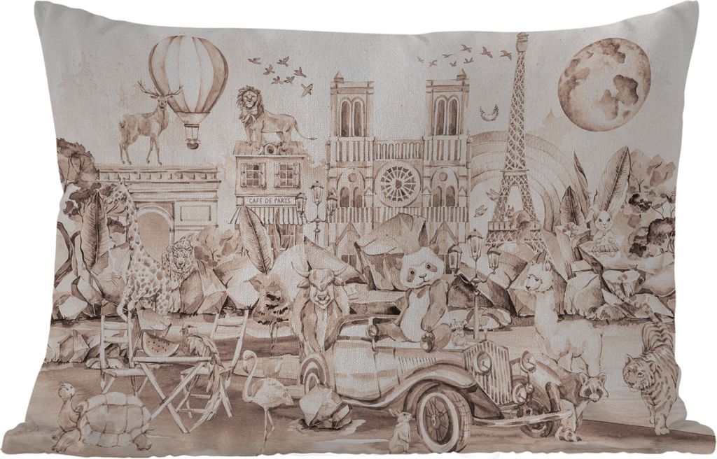 MuchoWow Outdoor Kissen - Kinder - Paris - Panda - Tiere - Heißluftballon - 50x30 cm - Wetterfest - Lounge Kissen - Sofa kissen - Wohnzimmer Dek...