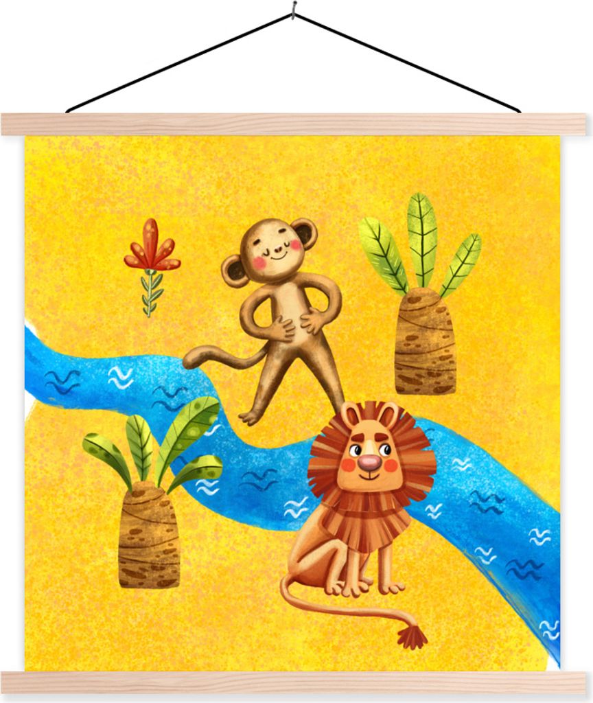 MuchoWow Textilposter Affe - Löwe - Dschungel - Fluss 60x60 cm mit holzfarbenen Rahmen - Wanddekoration