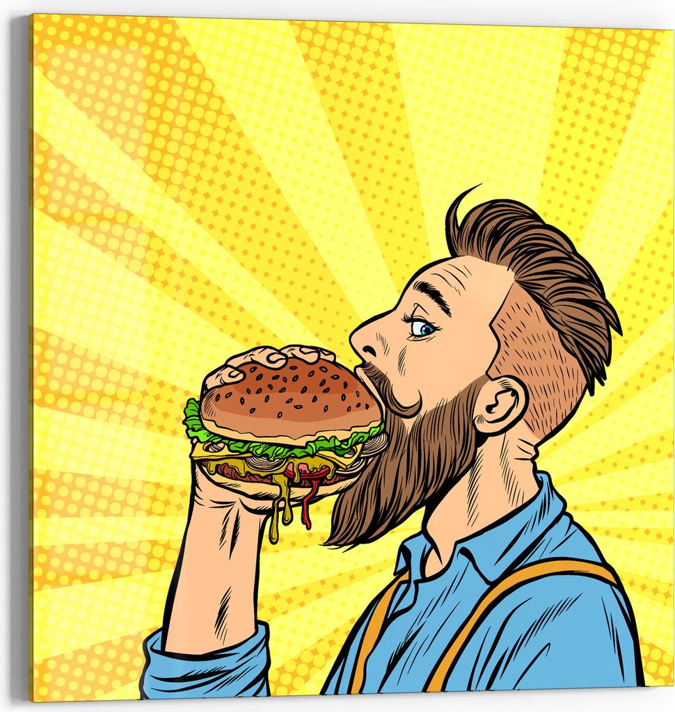 DEQORI Glasbild Echtglas 30x30 cm 'Bärtiger Mann isst Burger' Wandbild Bild modern Deko