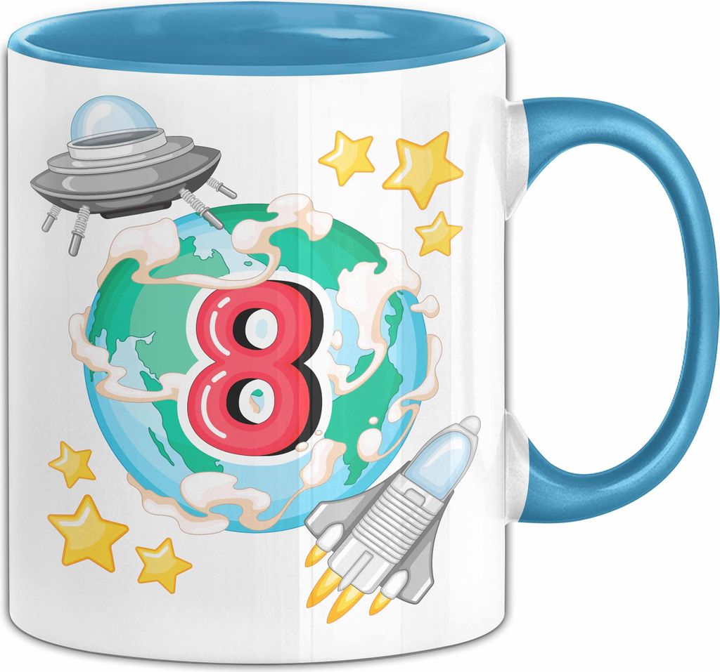 8. Geburtstag Geschenk Tasse Becher Jungs Mädchen Ufo Welt Galaxie (Blau)