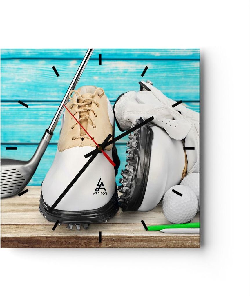 Wanduhr - Quadrat - Glasuhr - Golf Ball Gras Sport - 40x40cm - Schleichendes Uhrwerk - Lautlos - zum Aufhängen bereit - Dekoration Modern - Wandde...