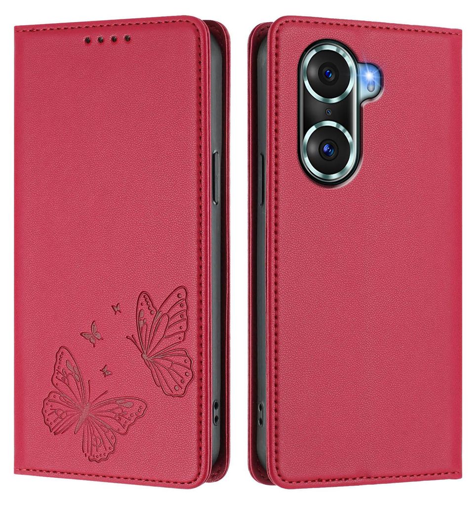 Lederhülle für Honor 60 Pro, Schmetterling Prägung Leder Brieftasche Schutzhülle mit Ständer Rot