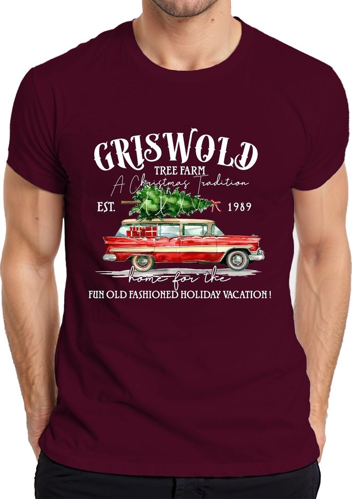 Griswold Tree Farm Christmas Tradition Vintage Car Holiday Herren T-Shirt, Burgundy, M