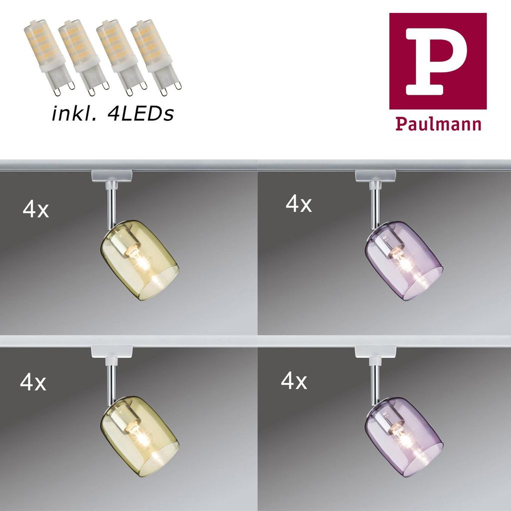 4er Set Paulmann URail Schienensystem Spot Blossom inkl 4x G9 Warmweiß LED 3W 40W Helligkeit Warmweiß, Chrom matt/ Weiss - Pink/ Gelb transparent...