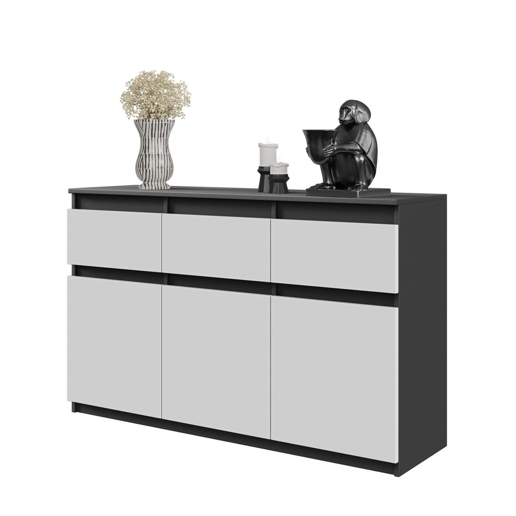 NOAH - Kommode / Sideboard mit 3 Schubladen und 3 Türen - Anthrazit Grau / Weiß Matt H75cm B120cm T35cm