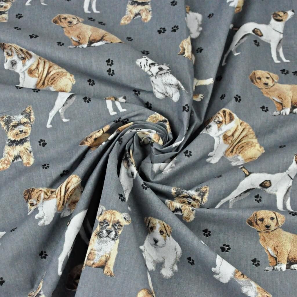 Baumwolle 100% Hunde beige-weiß auf dunkelgrauem Hintergrund