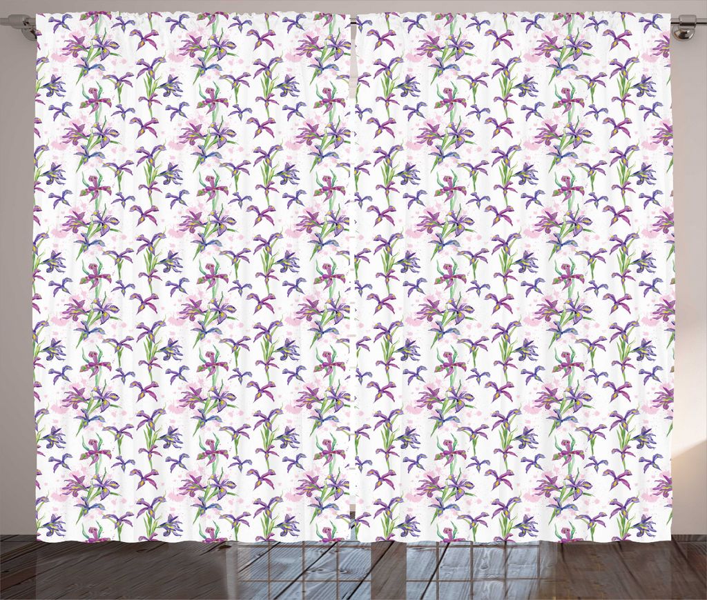 ABAKUHAUS Blumen Rustikaler Vorhang, Aquarell Iris-Blumen-Kunst, Wohnzimmer Universalband Gardinen mit Schlaufen und Haken, 280 x 225 cm, Weiß und...