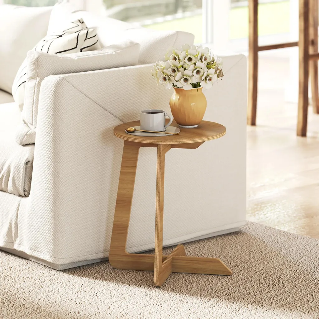 Petite table d'appoint en C pour salon - Table basse bois gain de place