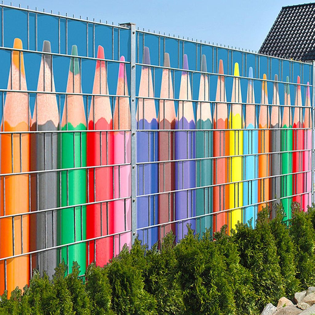 Buntstiftreihe - Bedruckte Sichtschutzstreifen für Zäune Doppelstabmatten Zaundruck 2,5m x 1,8m