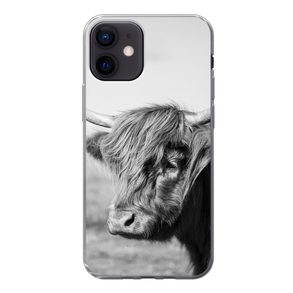 MuchoWow Handyhülle Schutzhülle Hülle für iPhone 12 Schottischer Highlander - Tiere - Schwarz - Weiß Silikon Softcase Handy Hülle - Schutzh...