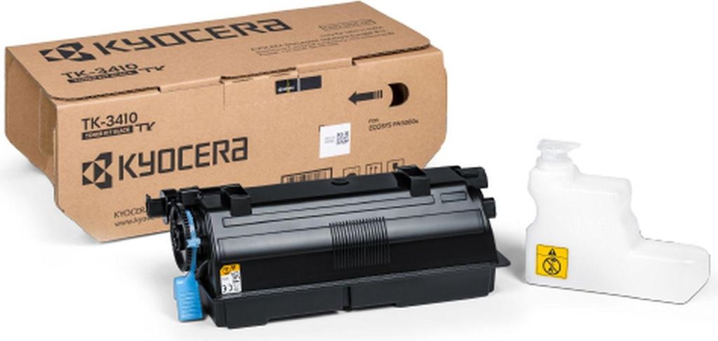 A Kyocera toner cartridge and a separate toner bottle are displayed next to their cardboard packaging on a white background.