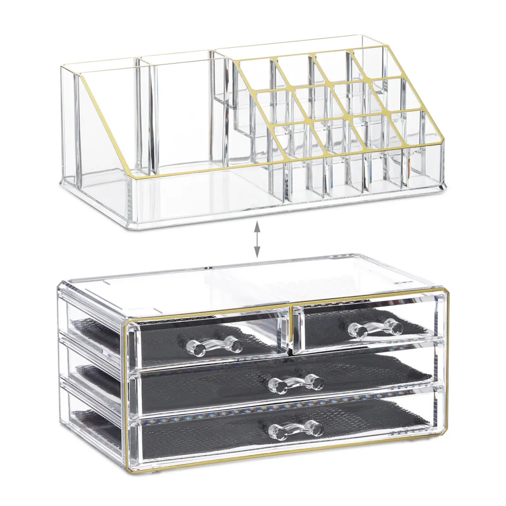 Organizer Trucco Relaxdays 2 Parti Trasparente Oro | Pratico e Bello - 11