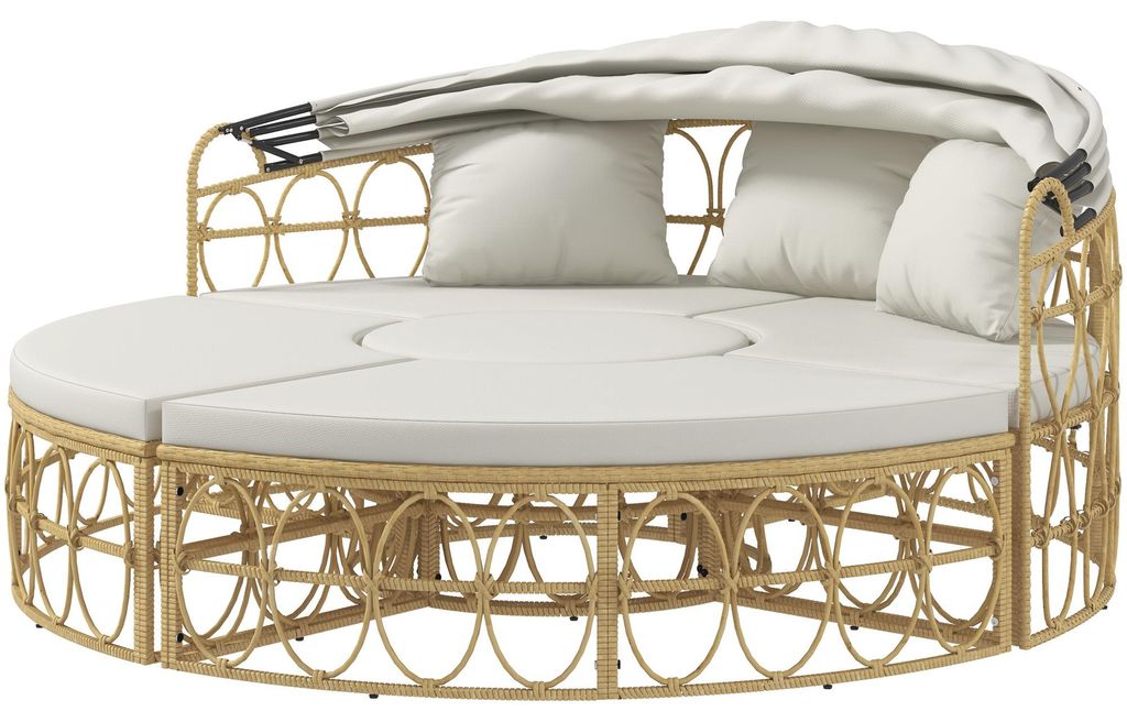 Sonneninsel, 4-teilig, ausziehbares Dach, 5 Kissen, Rattanoptik, 178B x 85T x 66,5H cm, Beige
