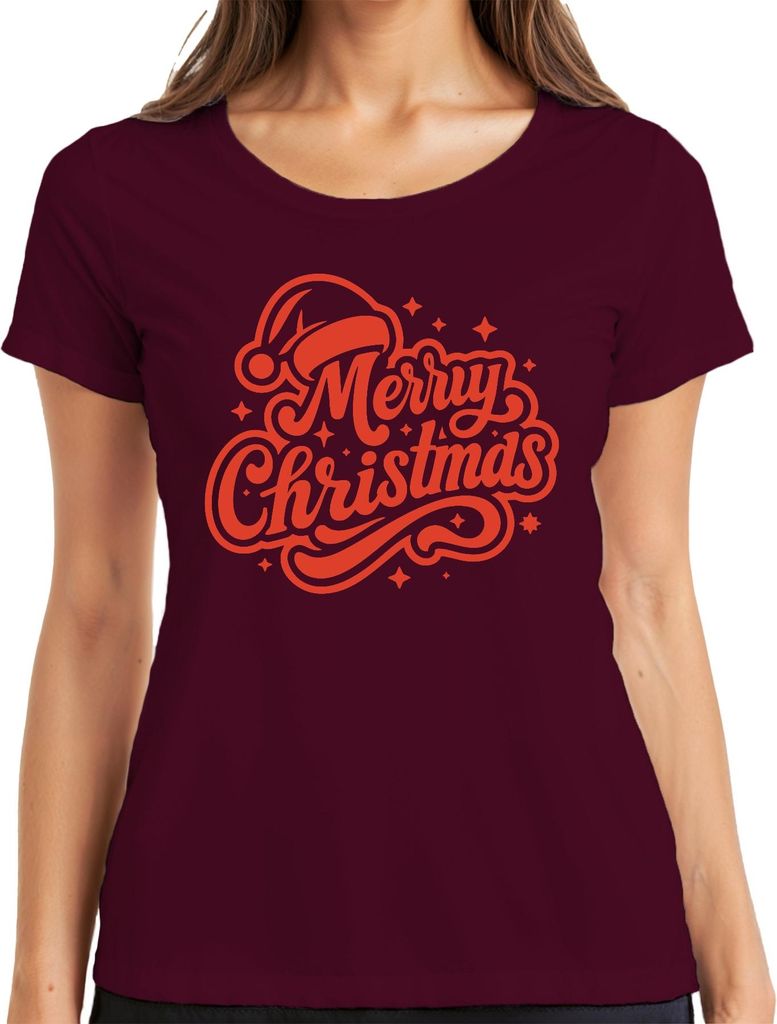 Merry Christmas Weihnachten Geschenk Santa Hat Sterne Vintage Damen T-Shirt, Burgundy, M