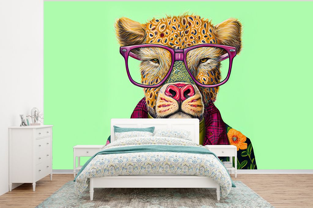 MuchoWow Fototapete für Wohnzimmer oder Schlafzimmer Wandtapete Vinyl Motivtapete Tiere - Brille - Hund - Design - 295x220 cm - Wand Tapete
