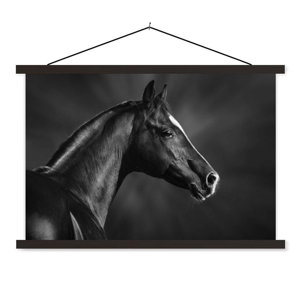 MuchoWow Textilposter Pferd - Tiere - Schwarz - Weiß - Porträt 90x60 cm mit schwarzem Rahmen - Aufhängungssatz