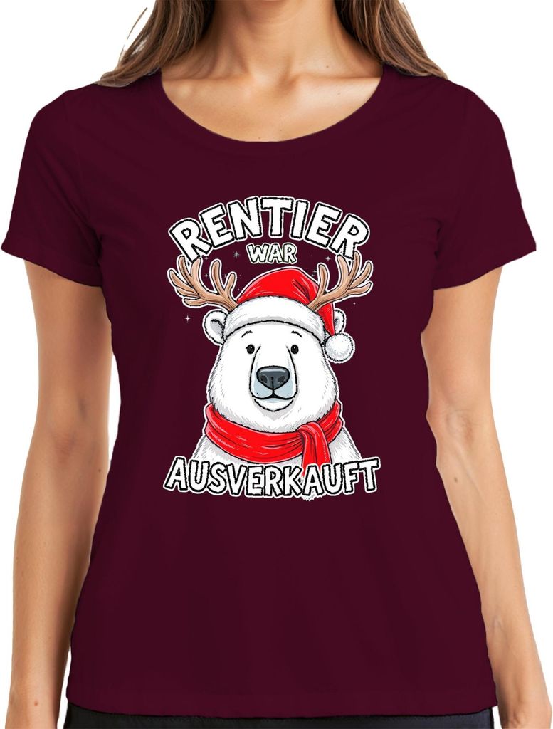 Rentier war t Weihnachten Geschenk Eisbär lustig Retro Damen T-Shirt, Burgundy, XXL