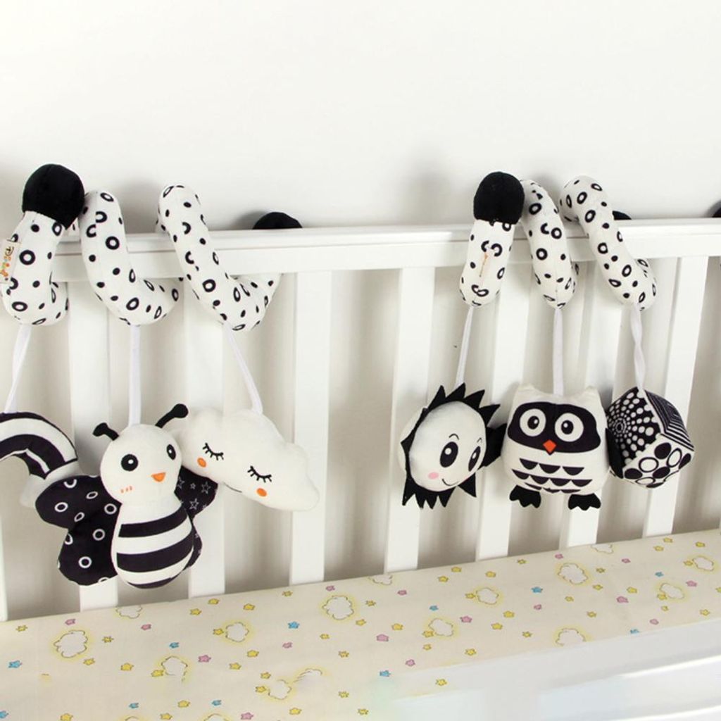 Babybett, Kinderwagen, Hängespielzeug, schwarz-weißes Tier, Kinderwagen, Autositz, Spielzeug, Rasseln für Neugeborene