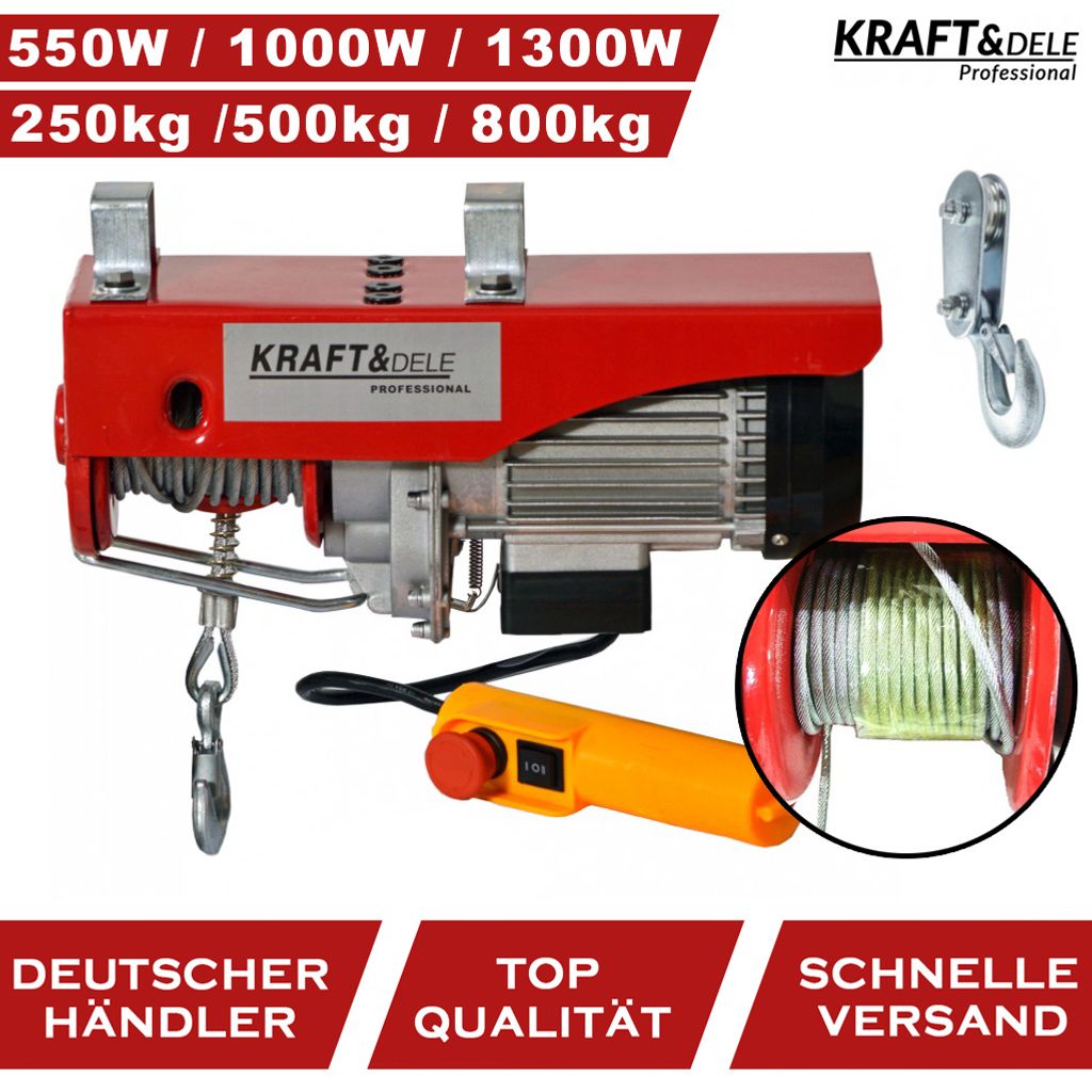KRAFT&DELE | Elektrische Seilwinde, 400-800kg, Seilzug Motorwinde 1300W, Kupfermotor Flaschenzug, 10m/min Hubgeschwindigkeit Hebezug, Fernbedienung...
